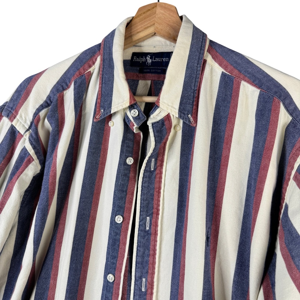 Ralph Lauren Mens Large Red White Blue Striped Cotton Button Down Shirt Vintage